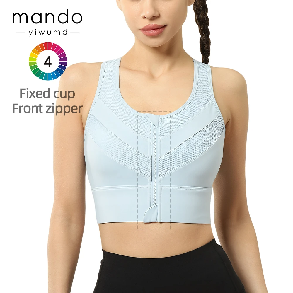 Wholesale Plus Size Fixed Cups Zip Front Sports Bra Women's Racerback Shockproof Mesh Breathable Yoga & Pilates Bra