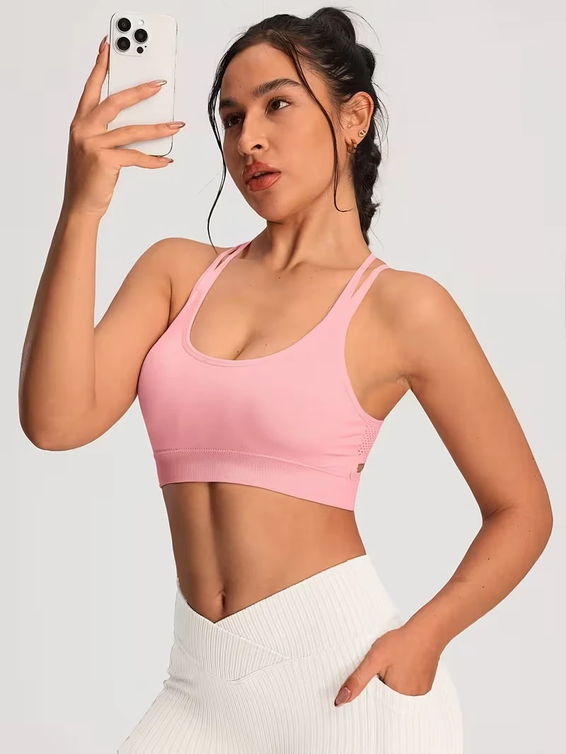 Women's Seamless Sports Bra | Double Strap Crisscross Back Yoga Tank | Breathable Mesh Open Cutout Workout Bra with Pads