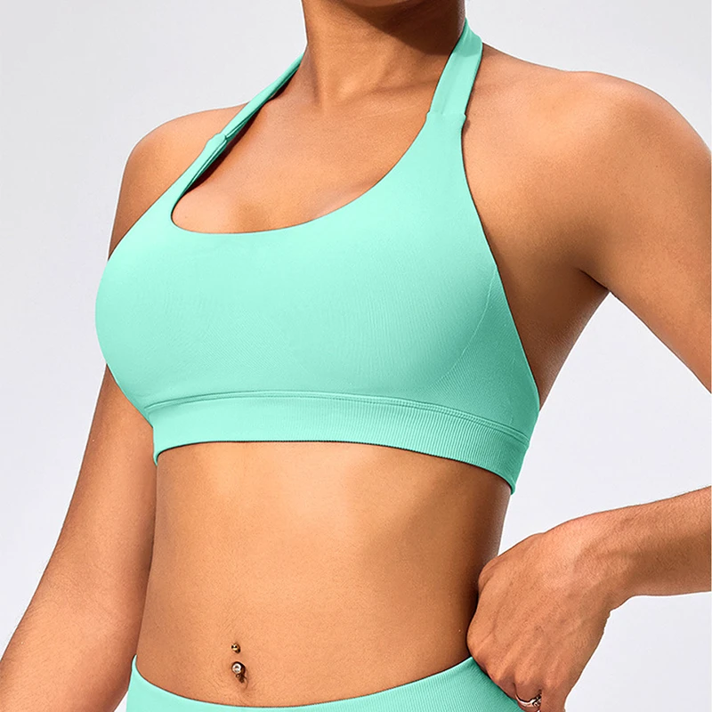 Hot Sale Women's Eco-Friendly Quick Dry Breathable Sports Bra Solid Color U-Neck Seamless Halter Neck Backless Removable Front