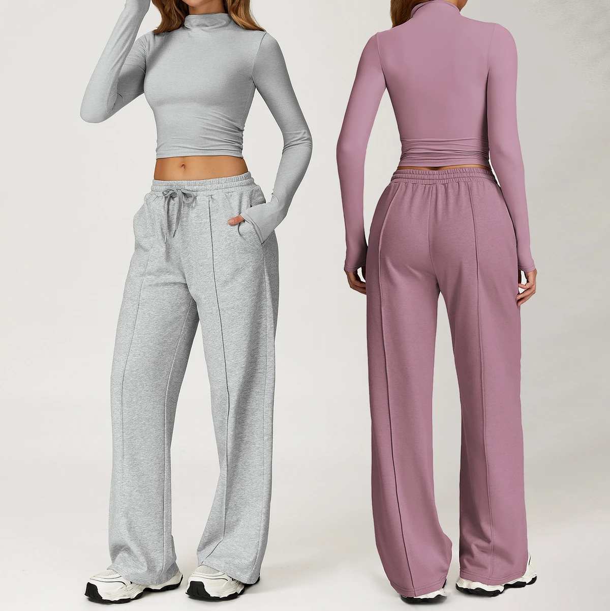 XW-TZ8933-1 2 Piece Set Drawstring Pockets Joggers Workout Sport Long Sleeve Top Sportswear Gym Clothing Fitness Sports Yoga Set