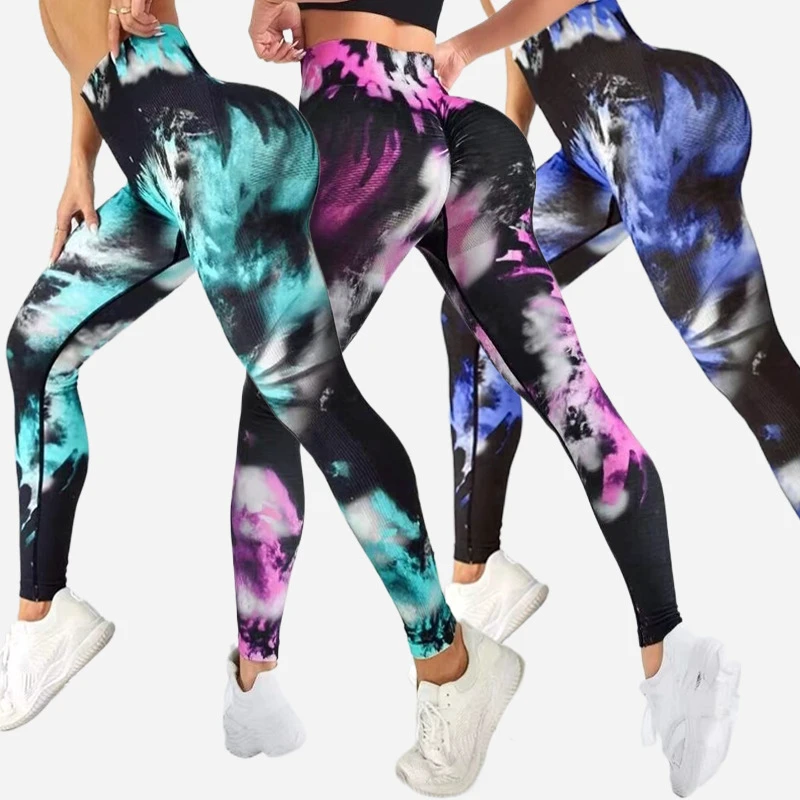 Tie Dyed Colorful Fitness Pants Women's Running Sports Tight Quick Dry Crop Pants with Hip Lift Elastic High Waist Yoga Leggings