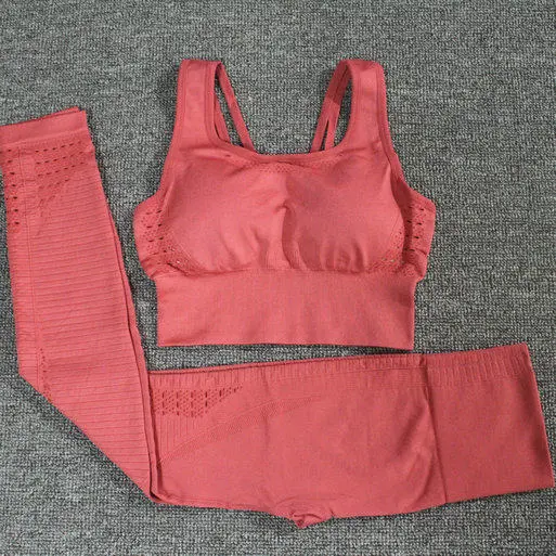 Women Yoga Set Racerback Sports Bra High Waist Leggings Solid Color Ribbed Mesh Breathable Seamless 2 Piece Set