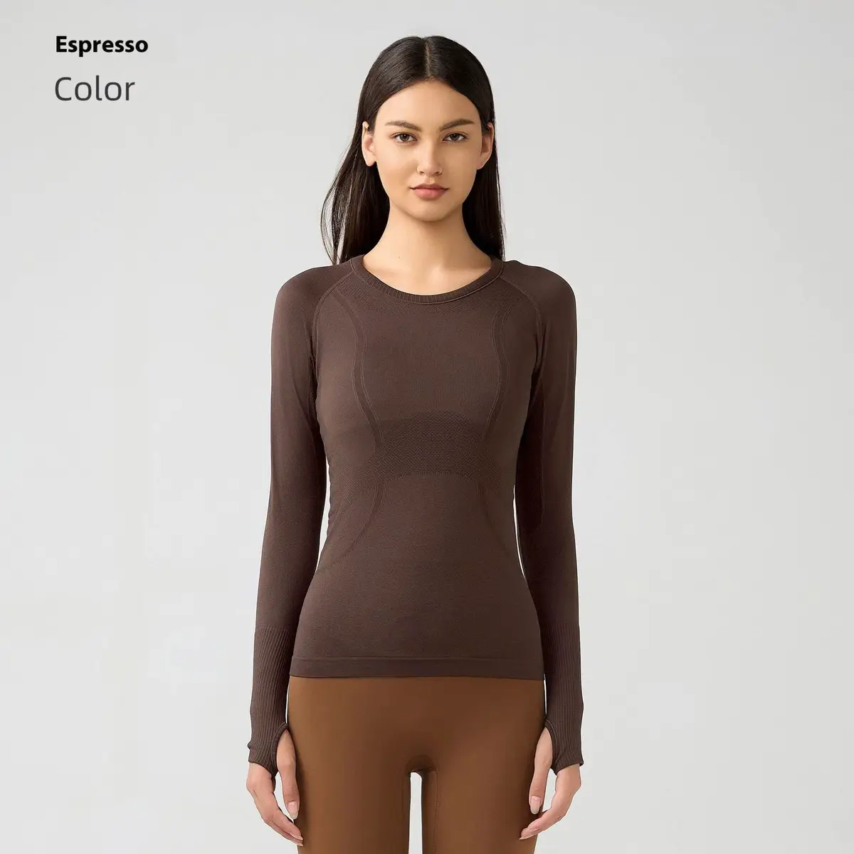 Women's Lightweight Seamless Yoga Suit Quick-Drying Breathable Front Logo Long-Sleeved Sports Fitness Solid Pattern Cross-Border