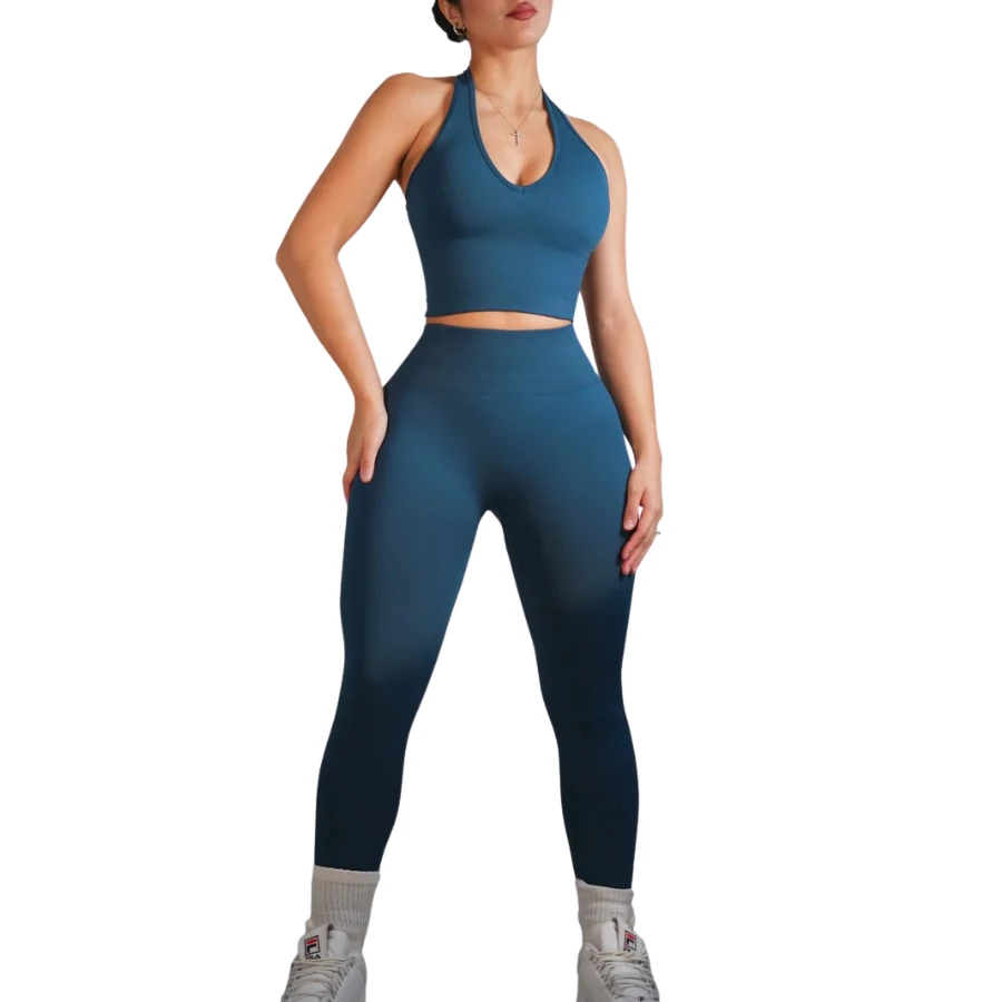Women's 2-Piece Yoga Set Solid Color High Waist Seamless Leggings Halter Crop Top Full Length Spandex Polyester 220g