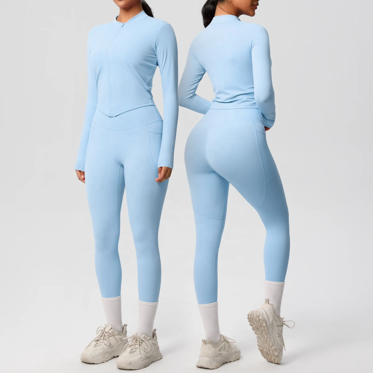 Wholesale Quick Dry Long Sleeve Top with Zipper Active Wear Gym Leggings with Pockets Yoga Set for Women