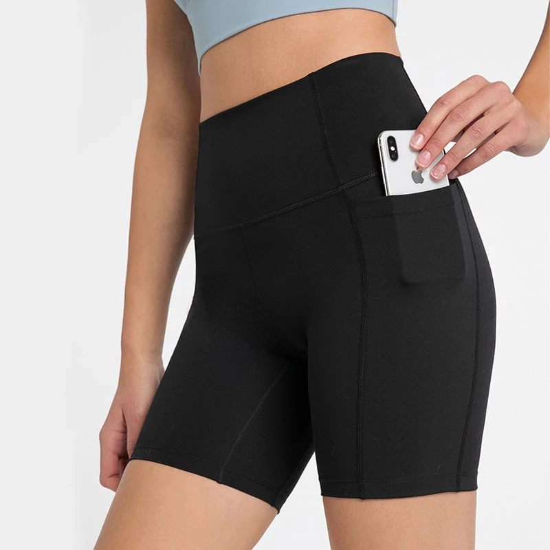 Custom Women's Solid High Elastic Waist Athletic Gym Yoga Shorts Slim Fit Tummy Control Spandex/Nylon Quick Dry Breathable Side