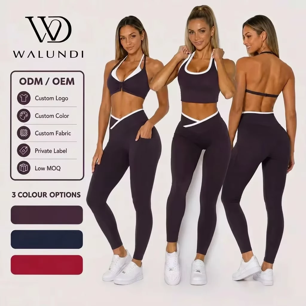 Sexy Halter Neck Yoga Wear Set Women V-Waist Leggings Side Pockets Contrast Piping Gym Workout 2 Piece Set Custom Logo
