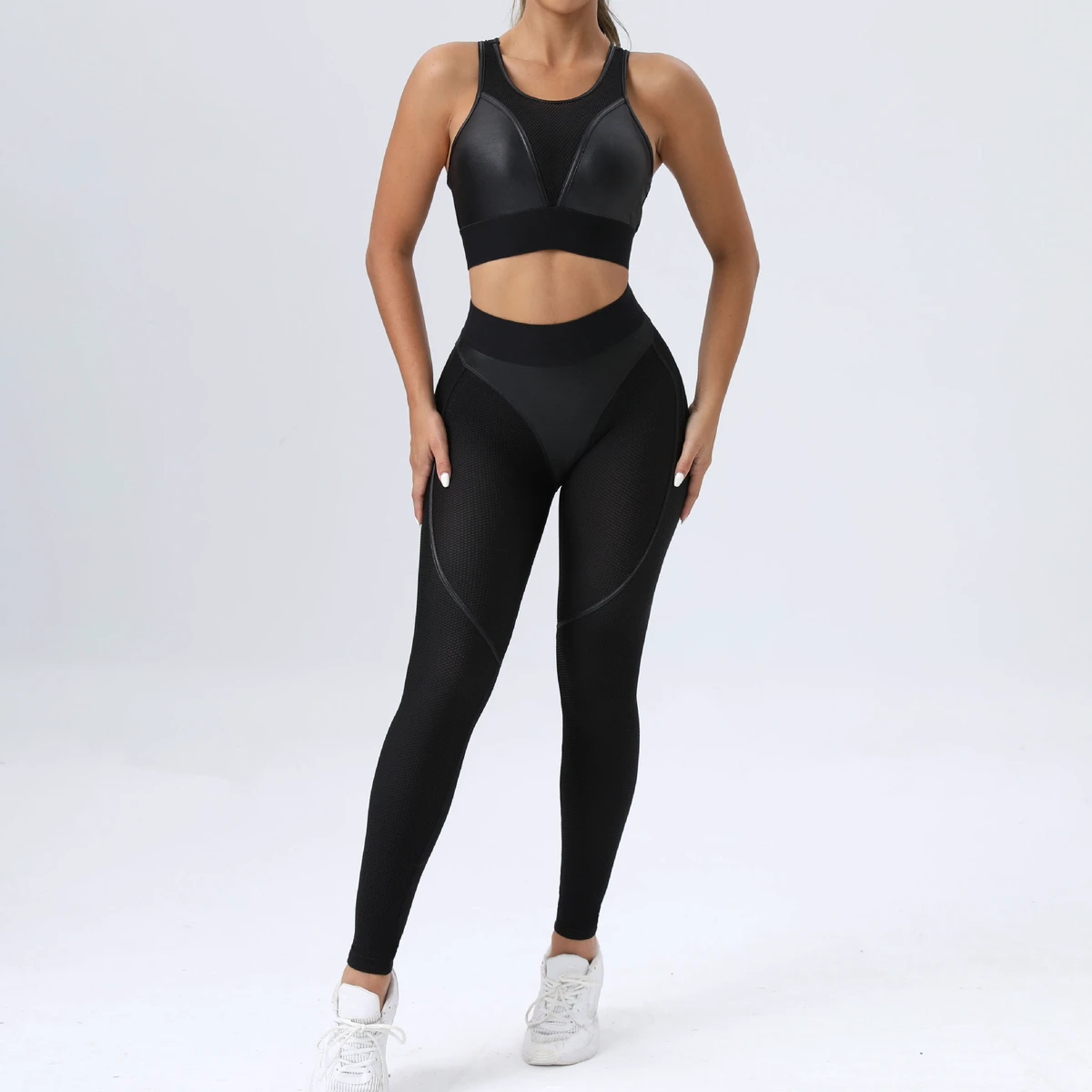 European American New Style High-Waisted Solid 2-Piece Yoga Set Breathable Tight Sexy Sports Bra Elastic Waist Closure
