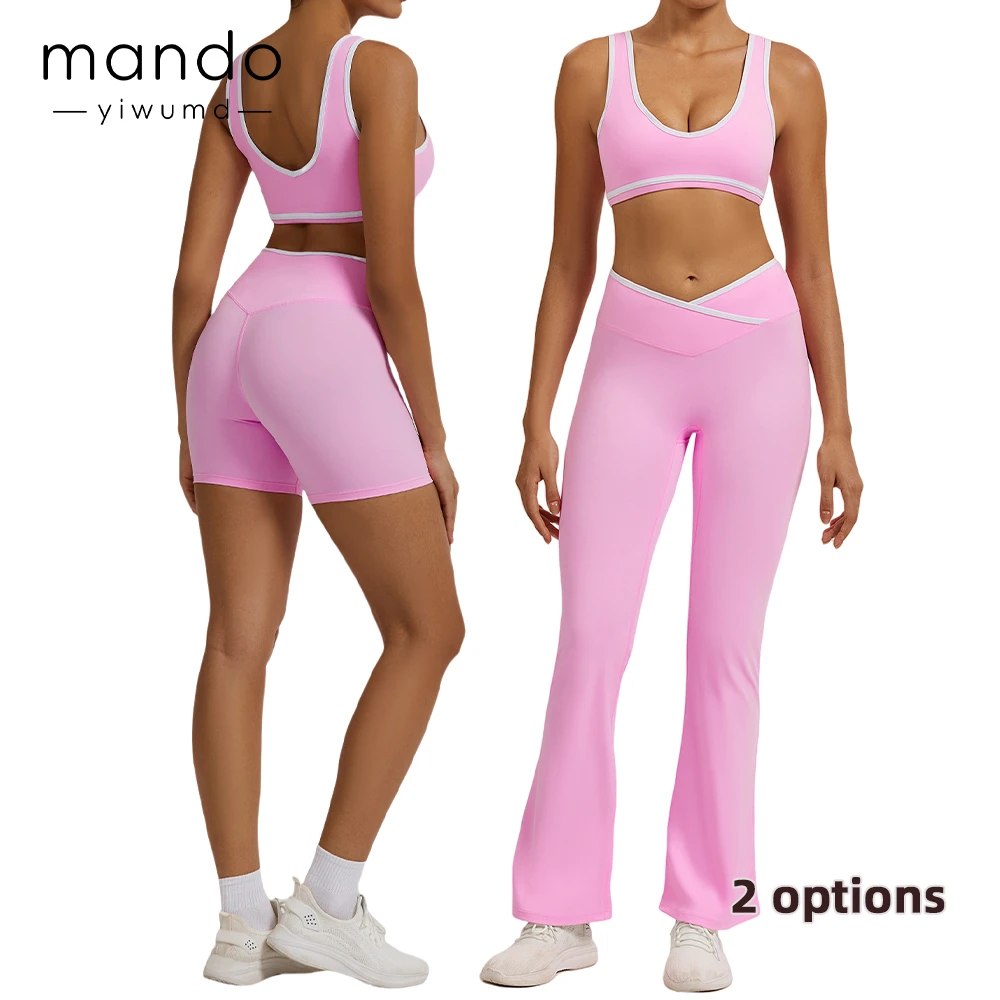 Women Activewear Sports Clothing Cross V Waistband High Waist Leggings 2 Piece Suit Colour Blocking Yoga Set Gym Fitness Sets
