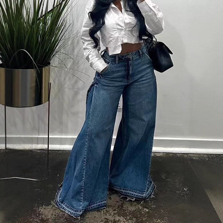 Women's European and American Wide-Leg Jeans Blue Washed Spliced Flared Pants Loose Floor-Length Raw Edge Trousers