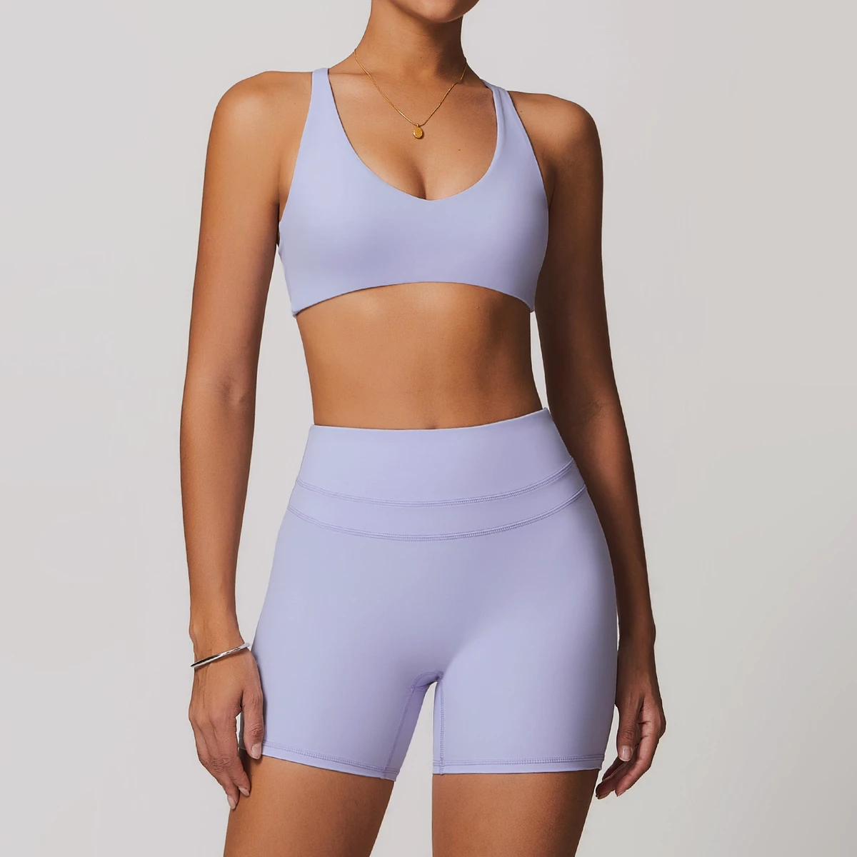 2025 Cross Adjustable Straps Medium Impact Sports Bra and Double High Waist Lines Gym Shorts Women's Nylon 2PCS Active Wear