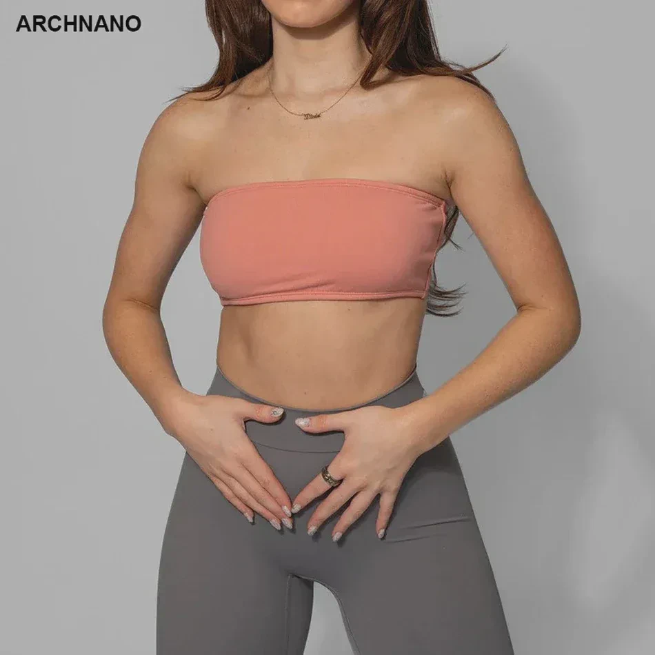 Women's Padded Strapless Bandeau Sport Bra Solid Sleeveless Wireless Support Bralette Crop Tube Top Yoga Fitness