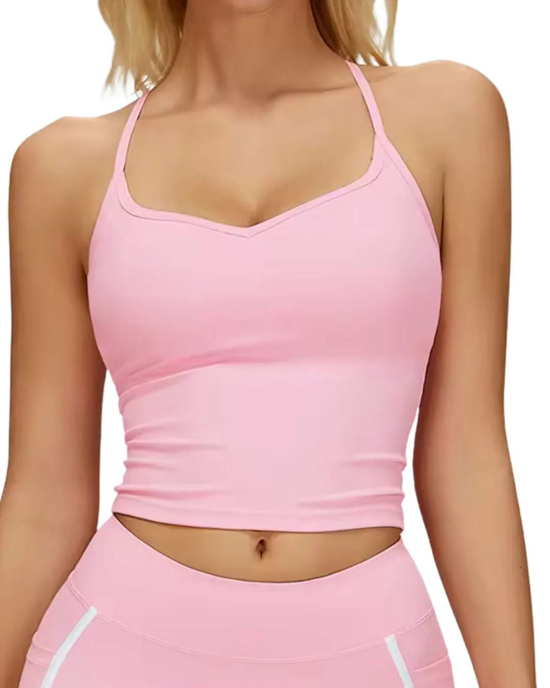 Women Light Pink White Contrast Sports Bra & High Waist Leggings Set Stretch Yoga Fitness Gym Workout Wear Custom OEM Wholesale