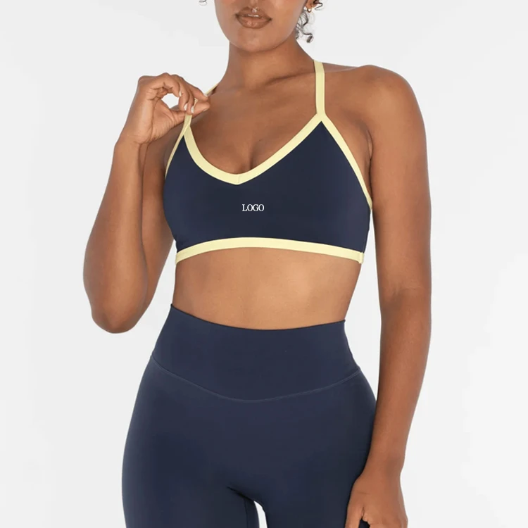 Oem Custom Logo Women Activewear Contrast Color U Neck Fitness Sports Bra Sweat Wicking Breathable Crossback Running Yoga Bra