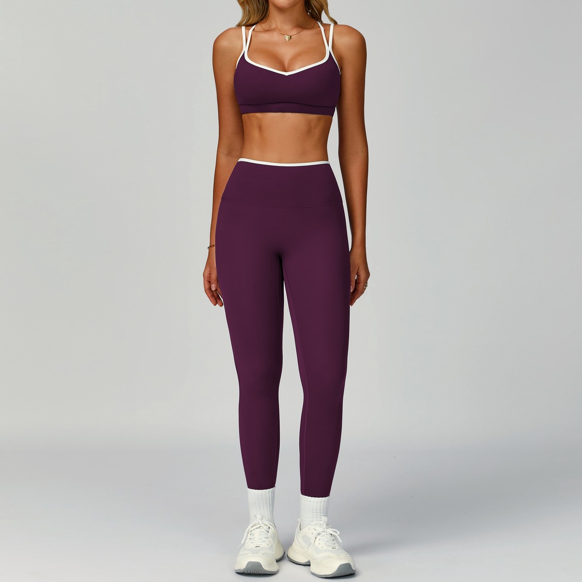 Brand New 2 Pieces Set Backless Cross White Line Sport Bra Tight Tummy Control Leggings Women Clothing Yoga Set