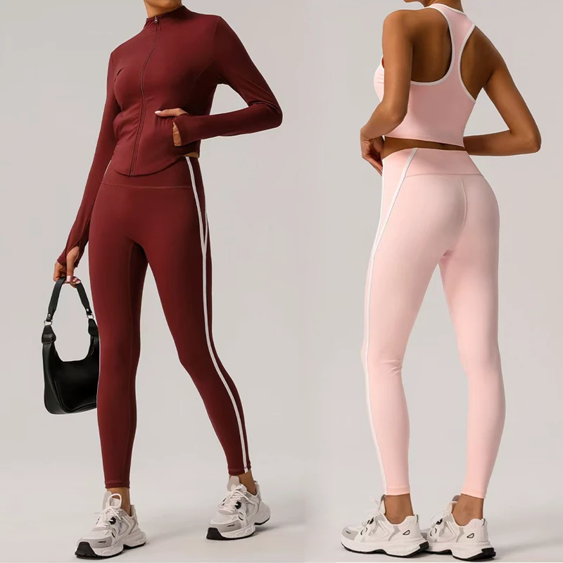 Women's 3-Piece Stripe Workout Set Racerback Sports Bras High Waist Leggings Long Sleeves Jacket-Solid Gym Yoga Outfit