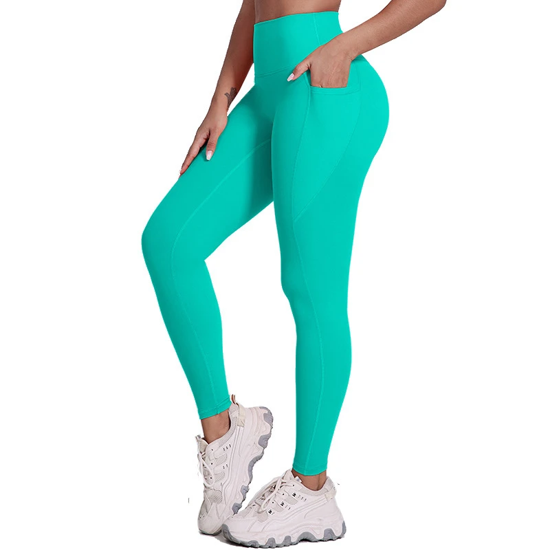 European American Seamless Solid Full-length Tight Yoga Pants Pockets Tummy Control Butt-lifting High-waisted Outdoor Running