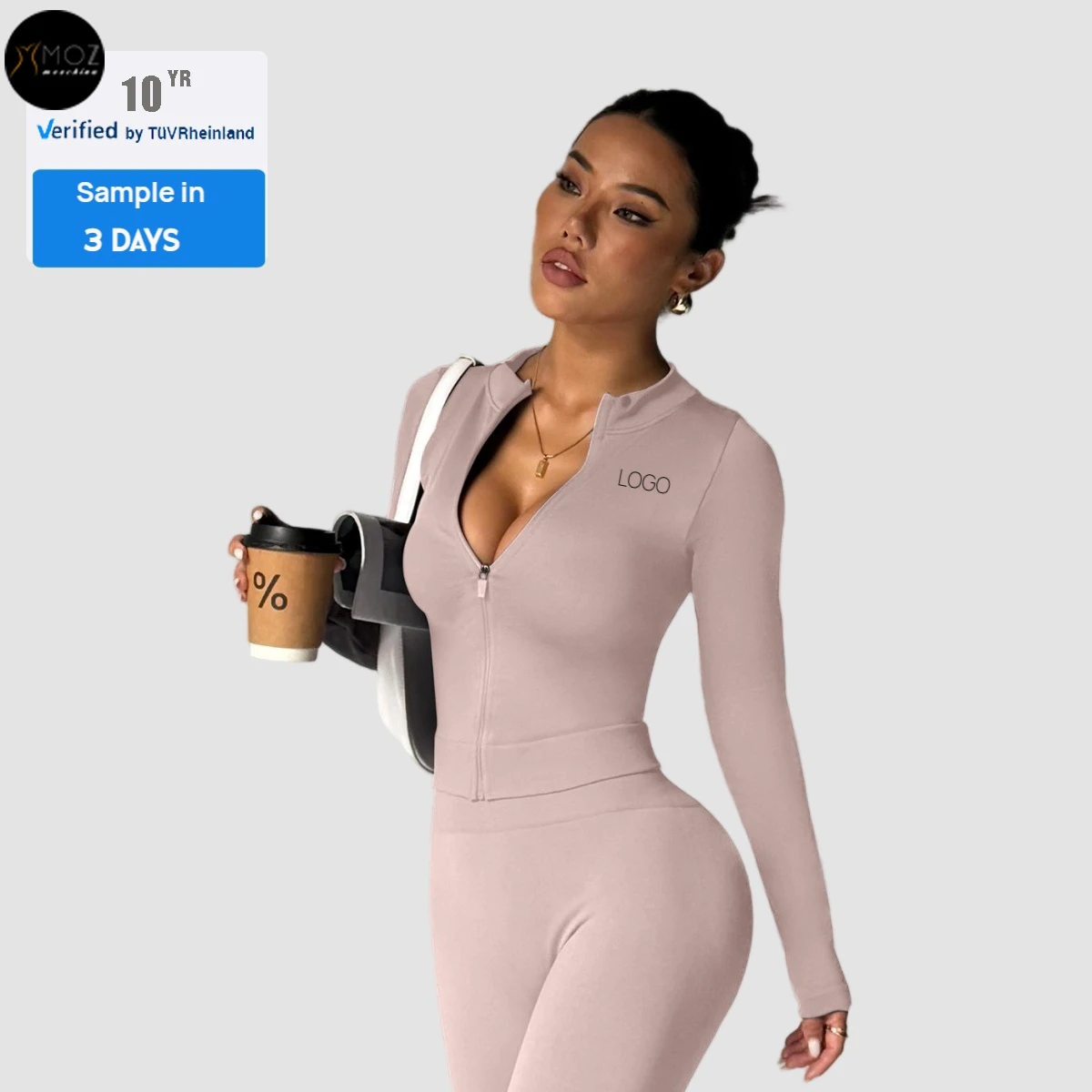 Women's 2 Piece Seamless Yoga Set Zip-up Long Sleeve Jacket & High Waist Ribbed Leggings Gym Yoga Sets Clothes Custom logo