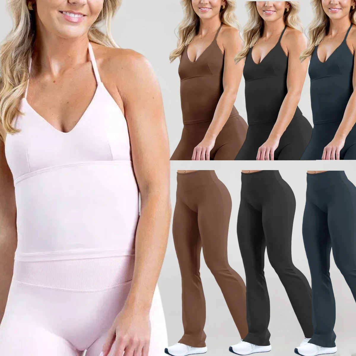 New High Waist Peach Hip Sports Suits Halter Bra with Bra Pad Scrunch Butt Flare Yoga Suit Solid Lightweight Breathable Sets