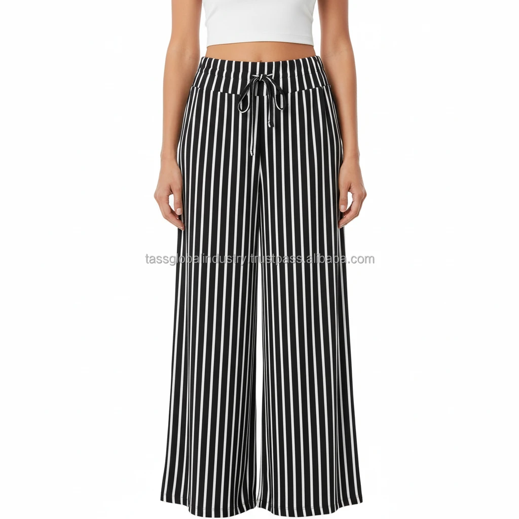 Women's Linen Knitted Winter Palazzo Pants Mid Waist Striped Flowy Boho Hippie Yoga Trousers Drawstring Closure Lightweight