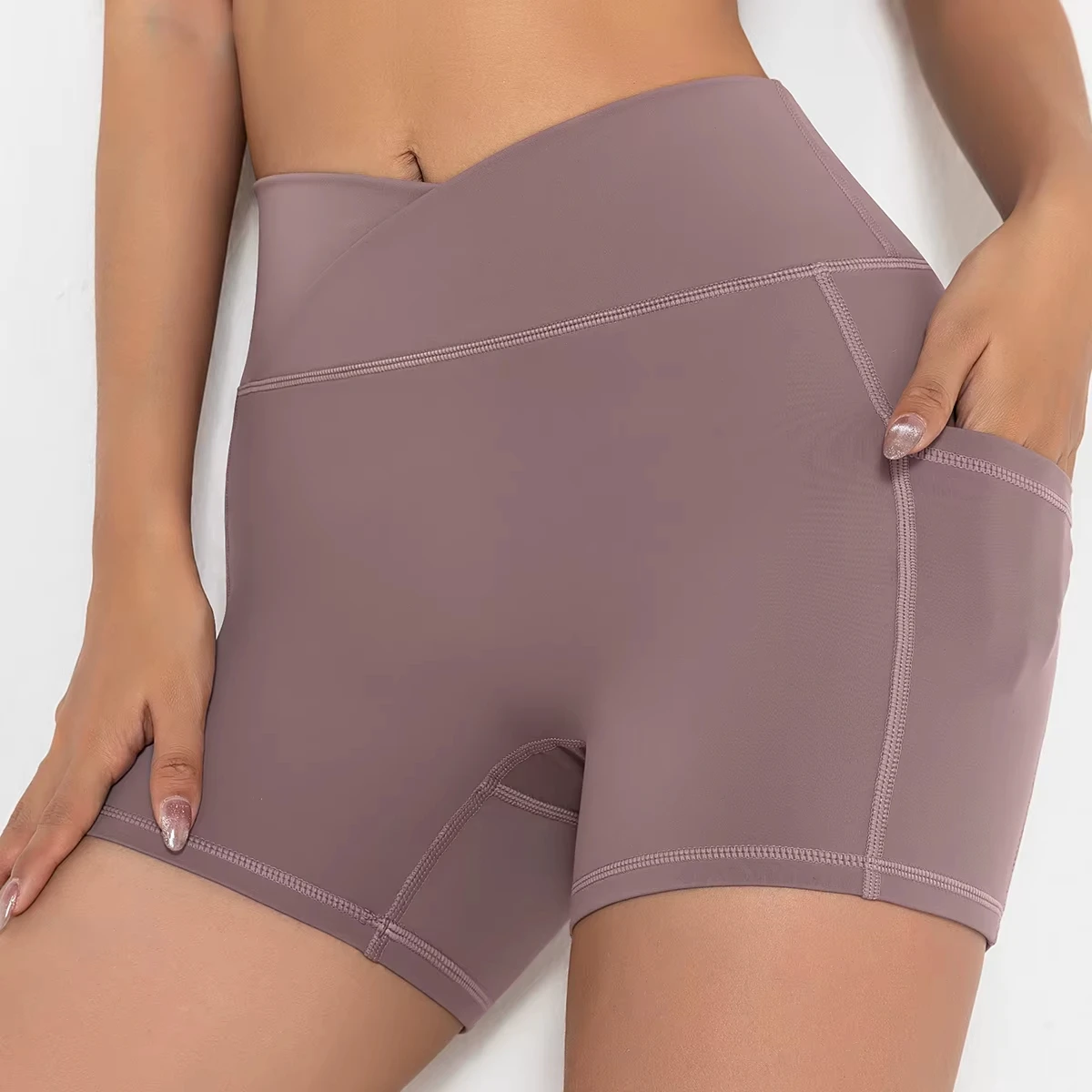 High Waist Yoga Shorts With Side Pockets Tummy Control Workout Shorts for Women Stretchy Gym Shorts for Fitness Athletic Sports