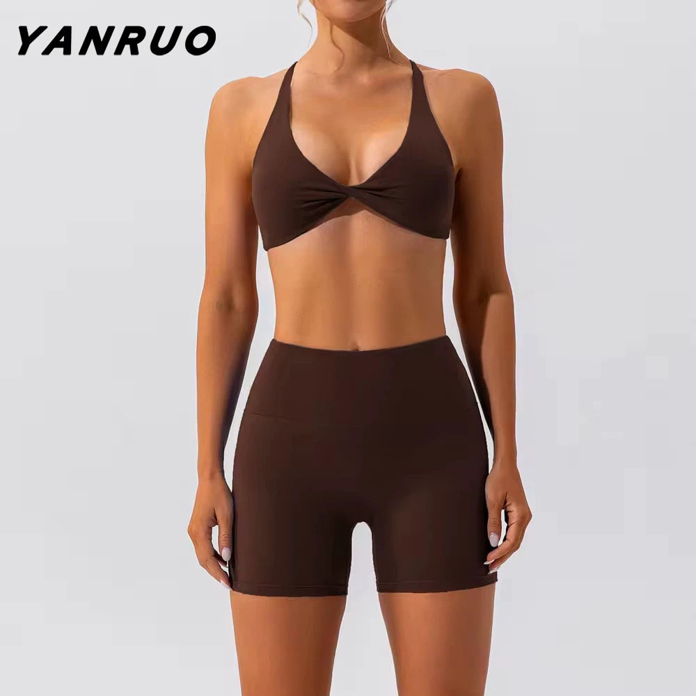 YanRuo Women 2 Piece Outfits High Waist Yoga Shorts Twist Padded Sports Bra Biker Short Set