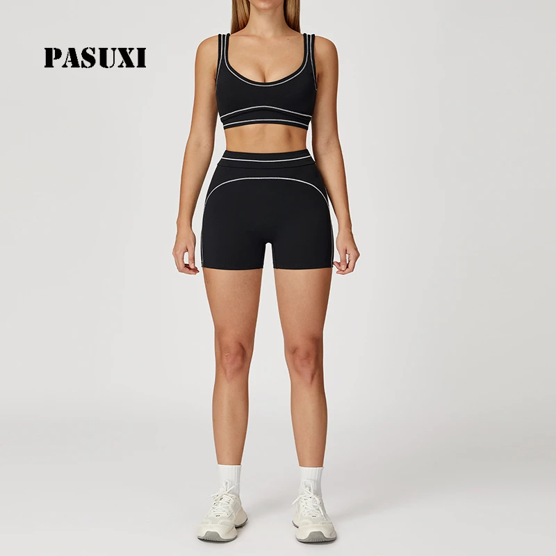 PASUXI 5-Piece Yoga Set High Waist Sports Bra Top Breathable Quick Dry Spandex/Nylon Color Block Design Gym Activewear for Women