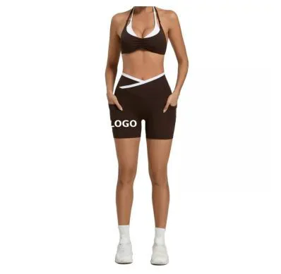 Women's Halter Neck Backless Sports Bra & High Waist Shorts Yoga Set Breathable Nylon/Spandex with Pockets