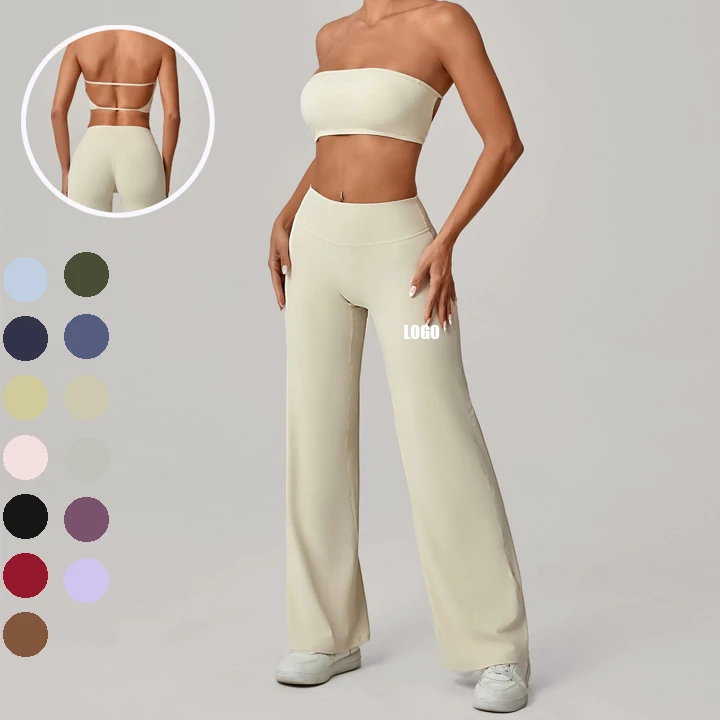New Arrival 2 Piece Sleeveless Women Yoga Wear Strapless Flared Leggings Butt Lifting Yoga Set