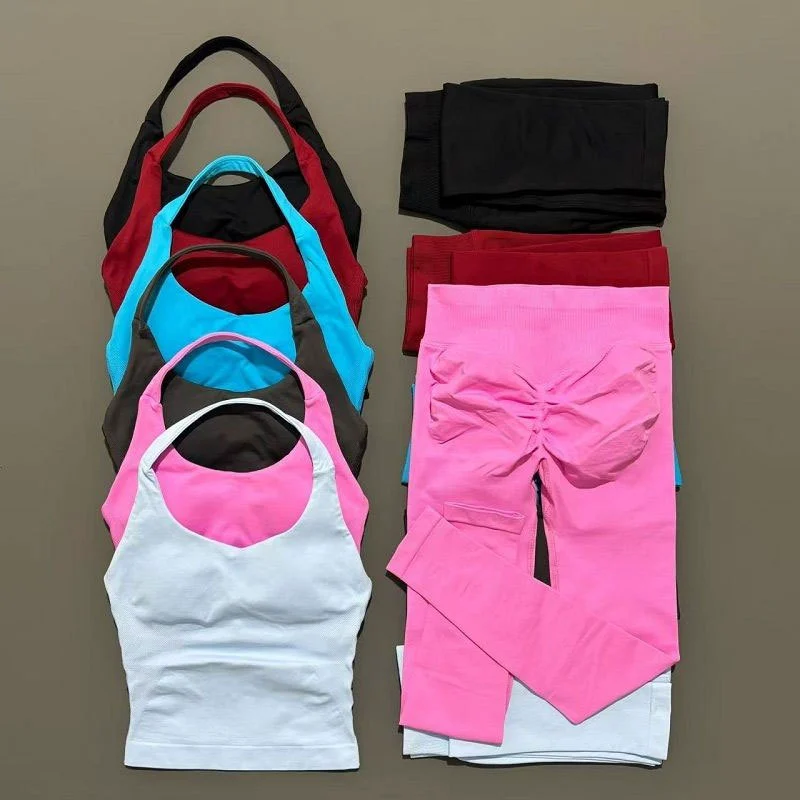 Two Piece Yoga Set Racerback Crop Top High Waist Leggings With Bow Solid Color Breathable Seamless Workout Wear