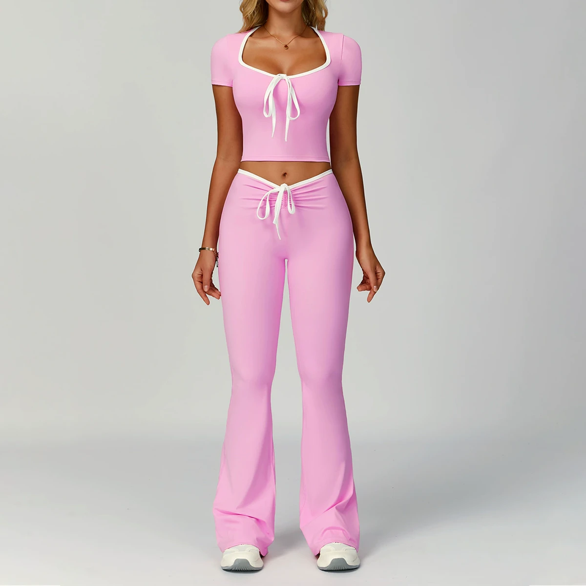 YanRuo Solid Spandex/Nylon Breathable Seamless 2-Piece Fitness Suit High-Waisted Slightly Flared Yoga Set for Women Casual