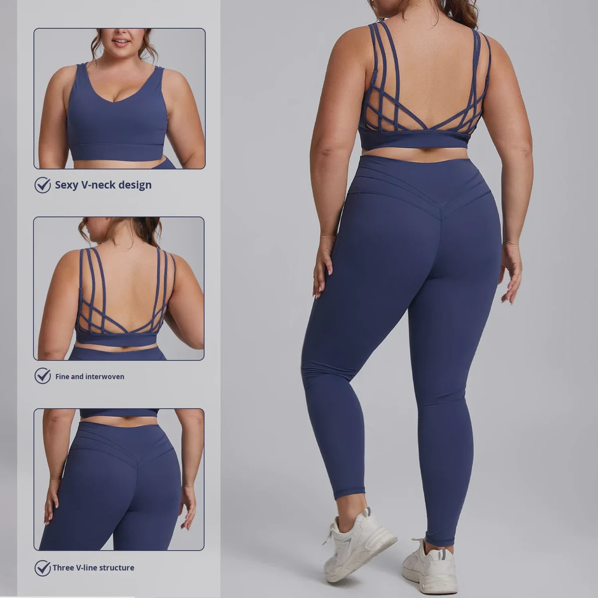 Plus Size Women Yoga Set High Waist Leggings Strappy Back Sports Bra Activewear Spandex/Nylon Tight-Fitting Solid Sleeveless