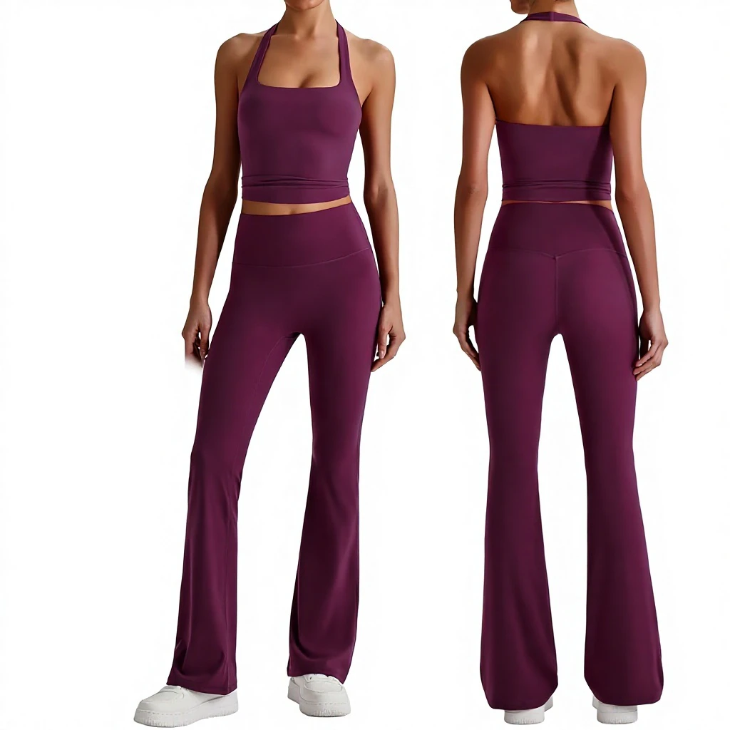 Halter Neck Yoga Set Women 2 Piece Workout Set Backless Sports Bra and High Waist Leggings Fitness Gym Clothing Sportswear