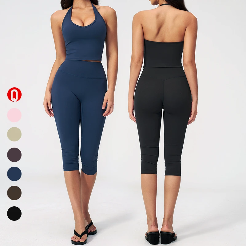 Custom Logo Halter Neck Tank Top Vest Yoga Set High Waist Capri Leggings Gym Fitness Workout Sports Wear 2 Piece Sets For Women