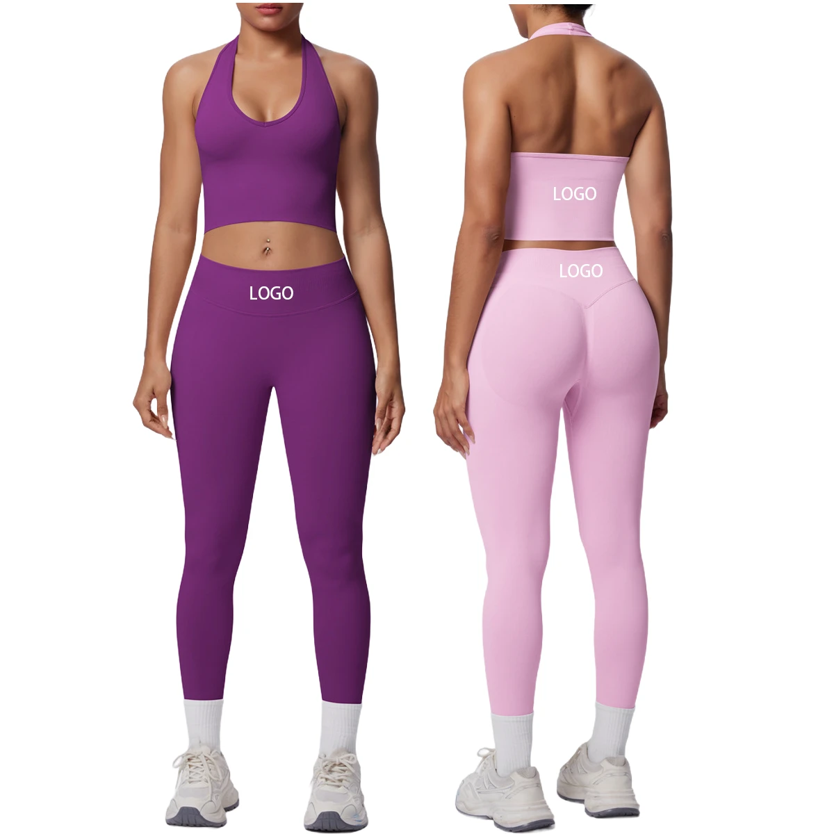 Seamless Fitted Halter Neck Backless Plus Size Four-Way Stretch Elastic Waist Yoga Set Running Sports Fitness Two-Piece Set for