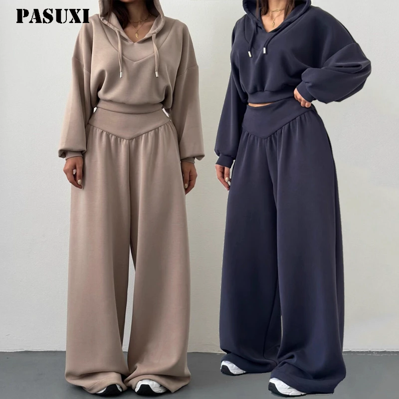 PASUXI High Quality 2 Pieces Cropped Hoodies and High Waist Jogger Pants Blank Sweatsuit Manufacturer Tracksuits Women