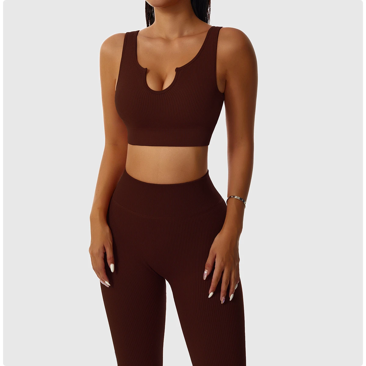 Gym Fashion Apparel Rib Series Two Piece Yoga Set Women Clothing Butt Lift Seamless Yoga Leggings Short and Bra Tights Set