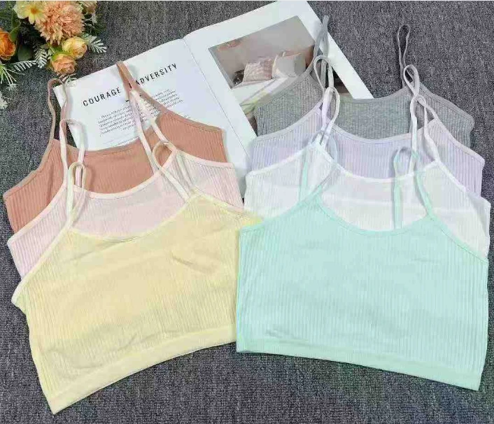 6121# Low Price Stock Women's Thread Underwear Thin Straps tank Top Short Vest Non Pad Solid Color Young Girls' Sports Bra