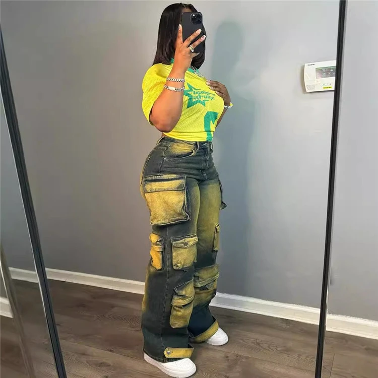 Cargo Jeans for Women Straight Leg Denim Baggy Pants Tie Dye Streetwear Pockets Jean Pants