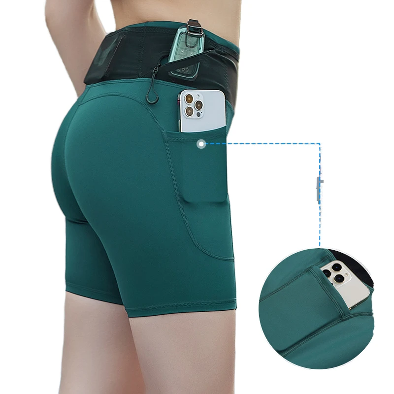 Women's High Waist Elastic Yoga Shorts Summer Fitness Compression Tight Pants Mobile Phone Pocket Spandex Yoga Leggings-Solid