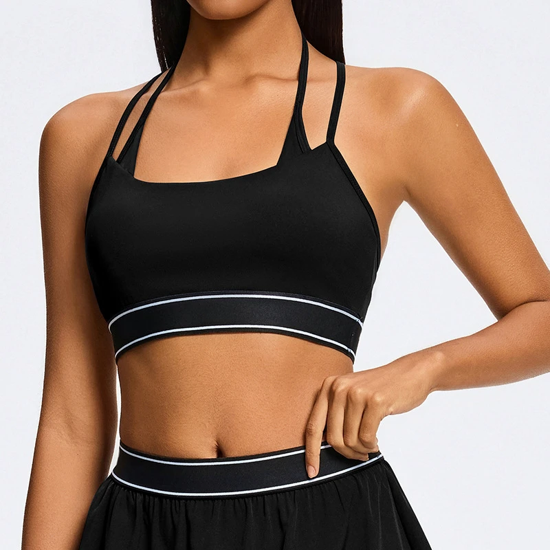 Women's Cross-Strap Sports Bra with Striped Waistband, Detachable Pads Yoga Running Fitness Sports Vest