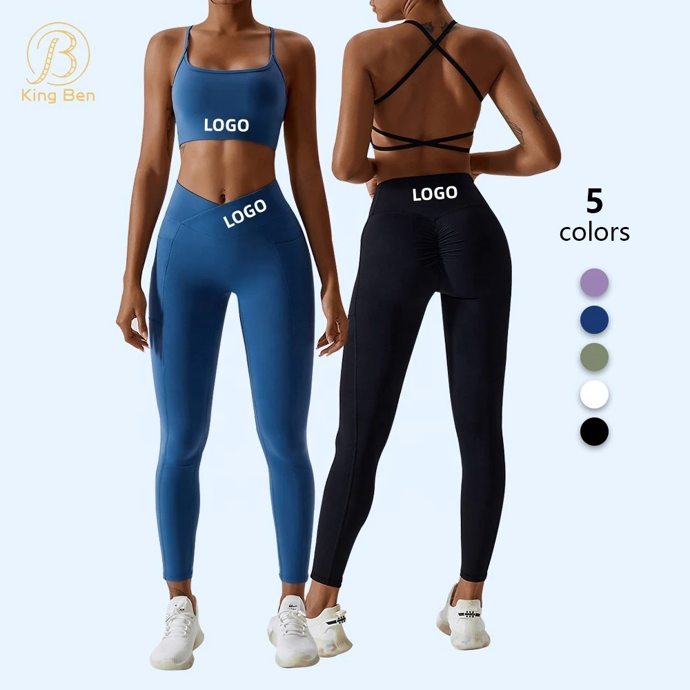 Custom Clothing 2 Piece Womens Gym Fitness Sets Backless Sports Bra V Cross Waist Yoga Leggings Workout Activewear Sets