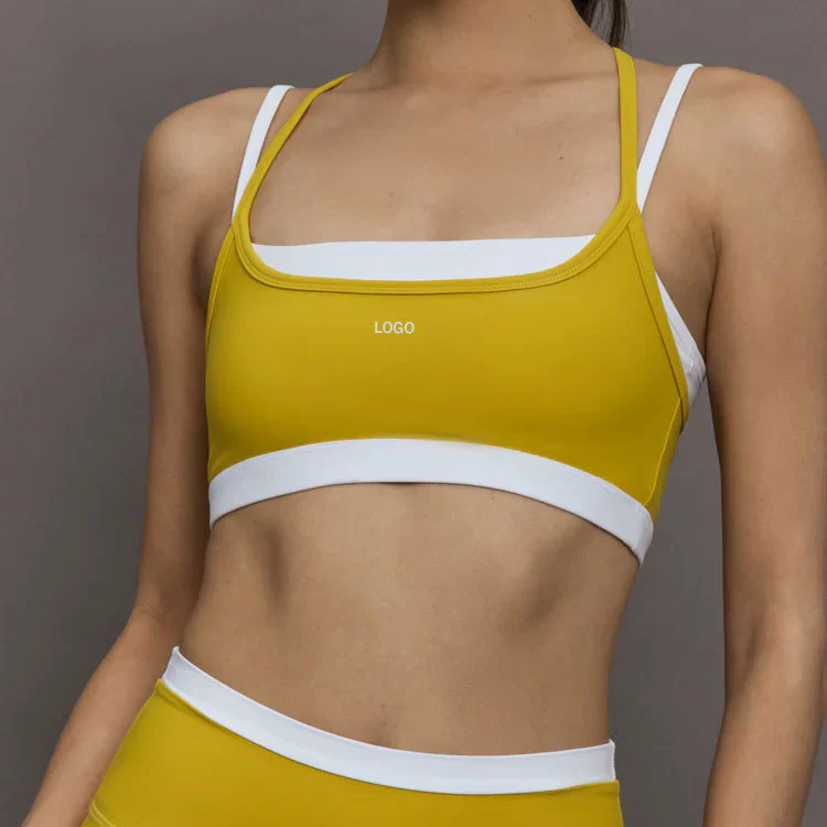 OEM Custom Removable Padding Stretchy Softer Color Block Adjustable Straps Contrast Trim Double Layer Sports Bra for Women