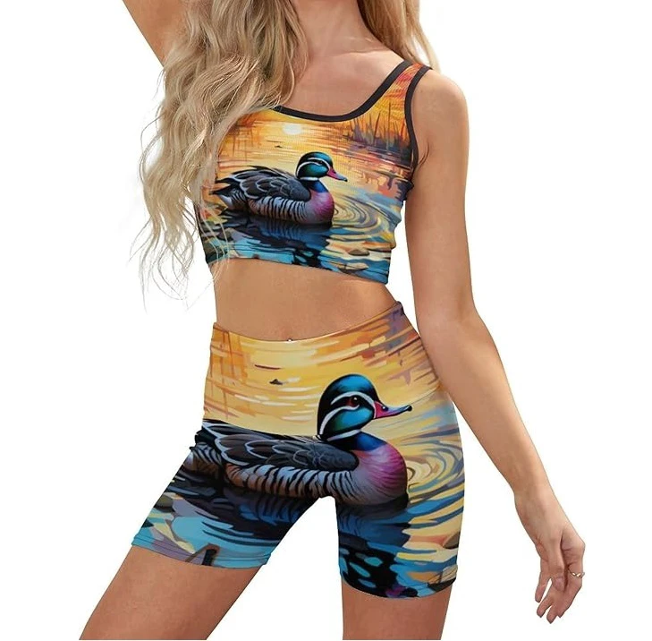 Women's High Stretch Yoga Workout Set 2-Piece High Waist Shorts Crop Top Sublimation Printed Gym Exercise Clothing Leggings Type