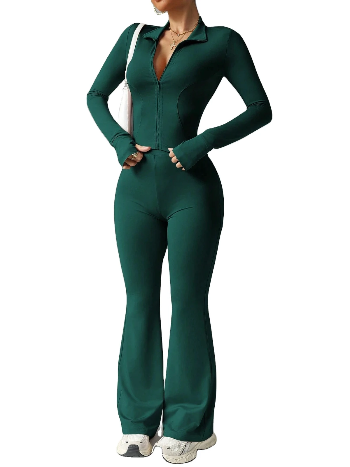 Women's Plus Size Solid Color Long Sleeve Zipper Sports Set High Waist Flared Fitness Pants + Quick-Dry Barely-There Yoga Outfit