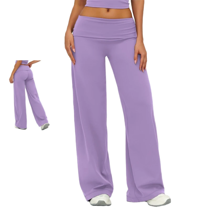 Fold Over Waist Solid Yoga Straight Pants Soft Butter Fabric Women Mid Waist Leggings Breathable Quick Dry Hip Lifting Fitness