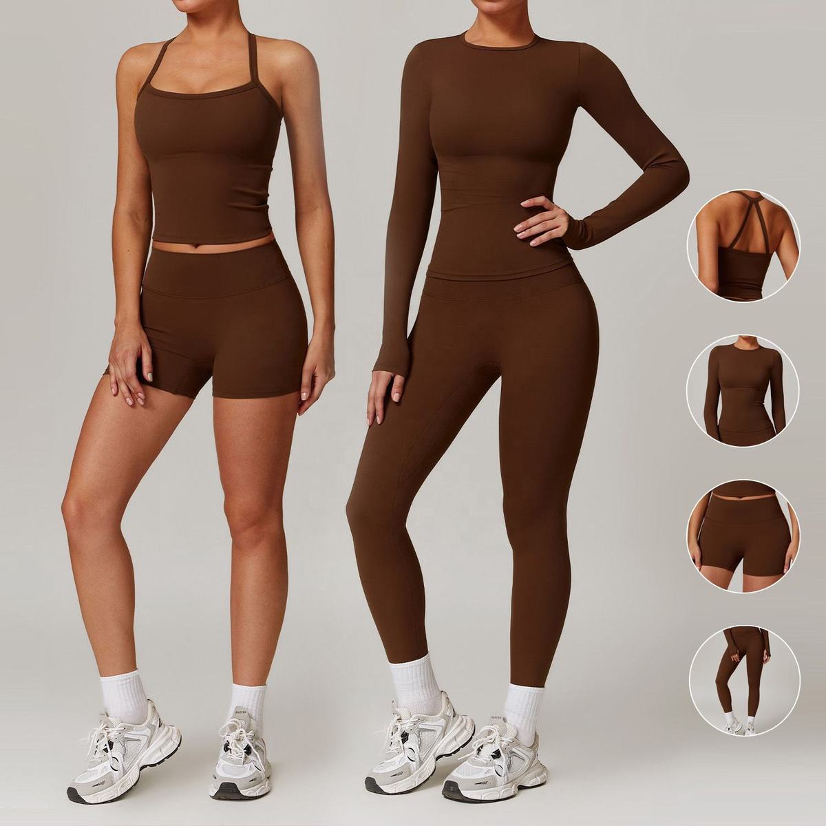 Women's Solid Pattern High Elastic Spandex/Polyester Workout Wear Sets Gym Shorts Long Sleeve Top High Waist Fitness Yoga Sports