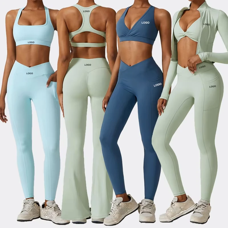 Open Back Hollow Sports Bra Crop Workout High Waist Compression Tights Yoga Pants Leggings Pockets Solid Pattern 180g Breathable