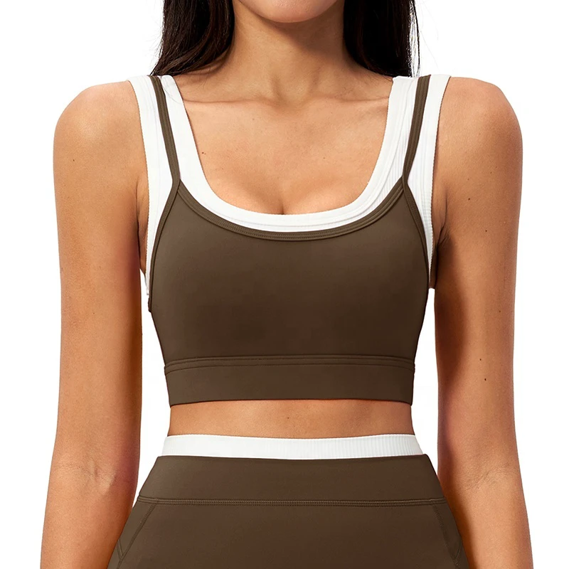 Sweat-Wicking Women's High Support Ribbed Color Block Stylish Dual Layer Workout Yoga Fitness Running Gym Activewear Sports Bras