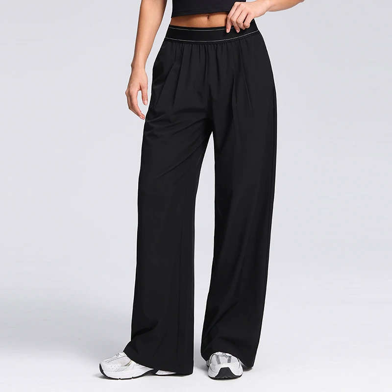 OEM/ODM Women High Waist Wide Leg Yoga Pants Loose Sports Trousers with Side Deep Pockets Full Length Elastic Waistband